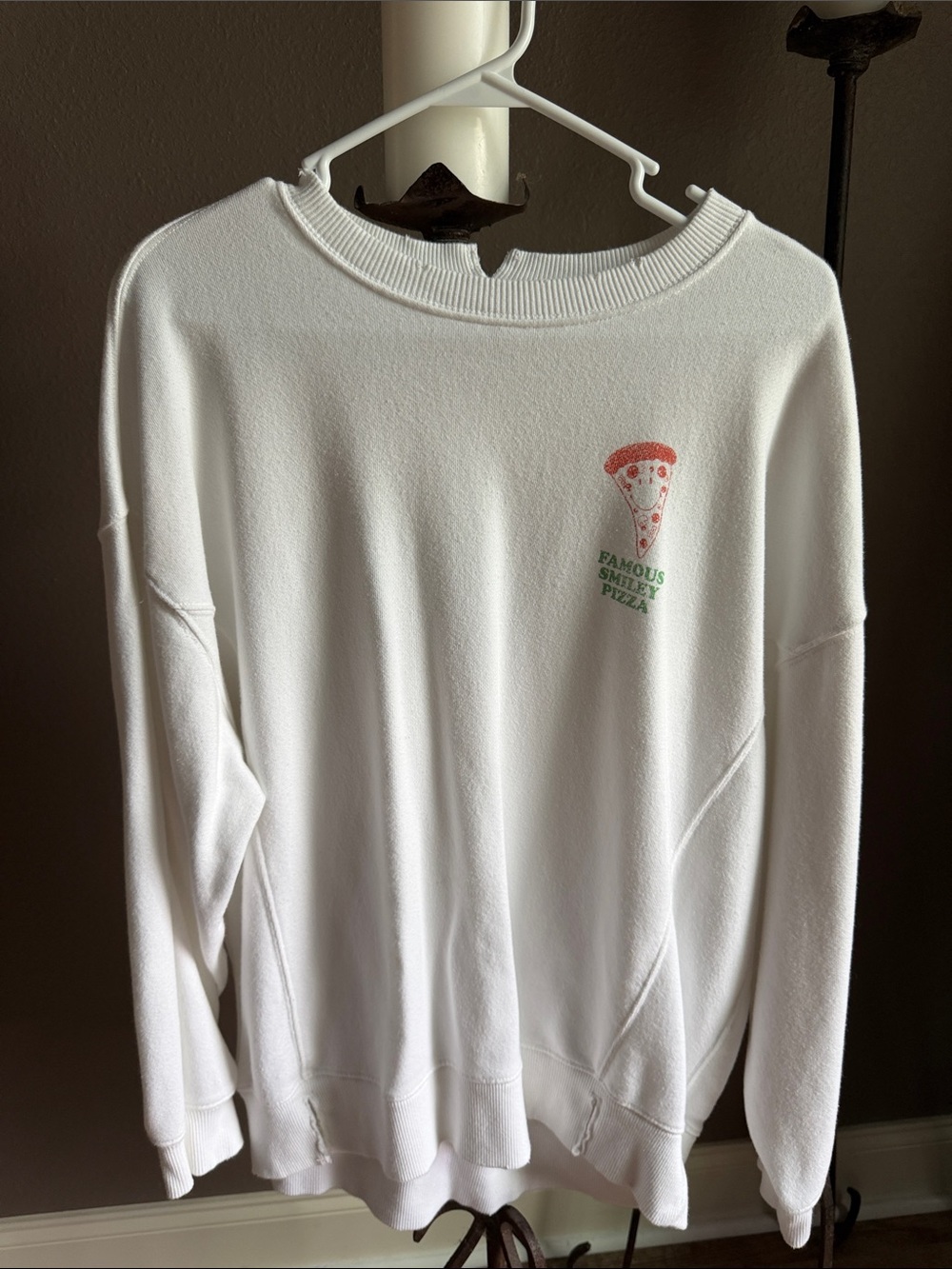 aerie White Crewneck Sweatshirt with Pizza Chest Graphic